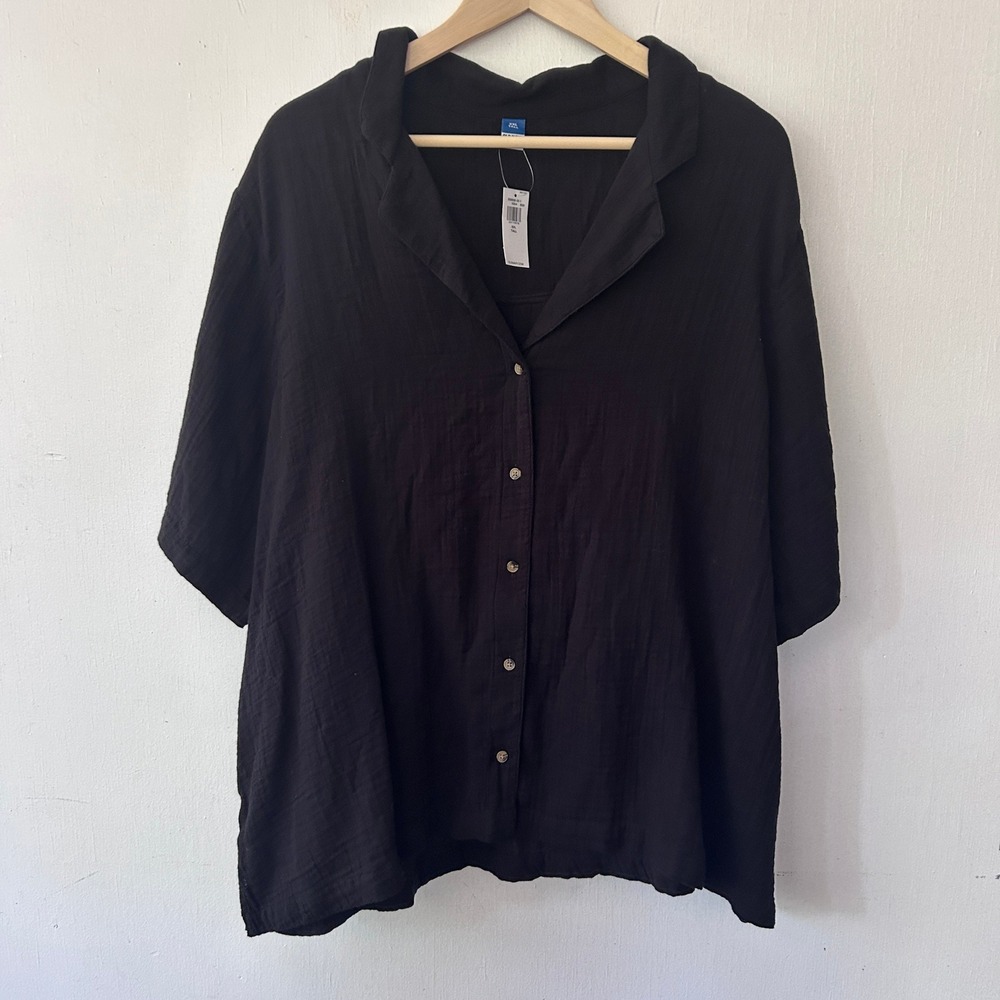 Old Navy Gauze Button Down Shirt Womens XXL Tall Black Short Sleeve Oversized